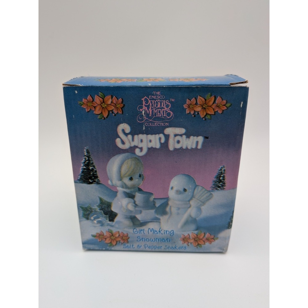 Precious Moments Salt & Pepper Shakers - Sugar Town Girl Making Snowman - 1994